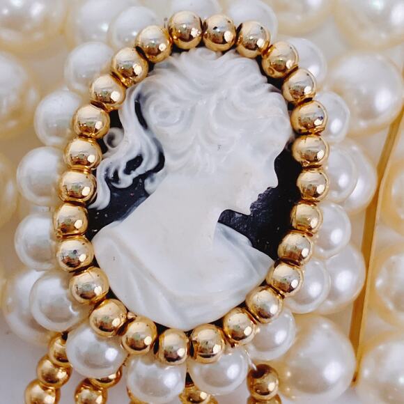 Victorian Revival Faux Pearl Cameo Statement Choker Multi Strand Necklace VTG - Picture 3 of 11